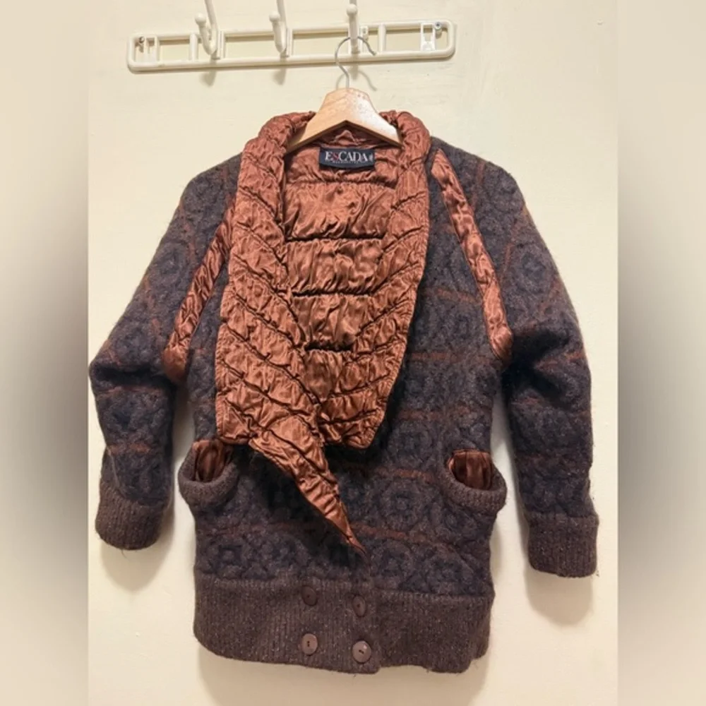 Escada Vintage Brown Knit Mohair Wool Ribbed Hem Cardigan Made In Germany Sz 40